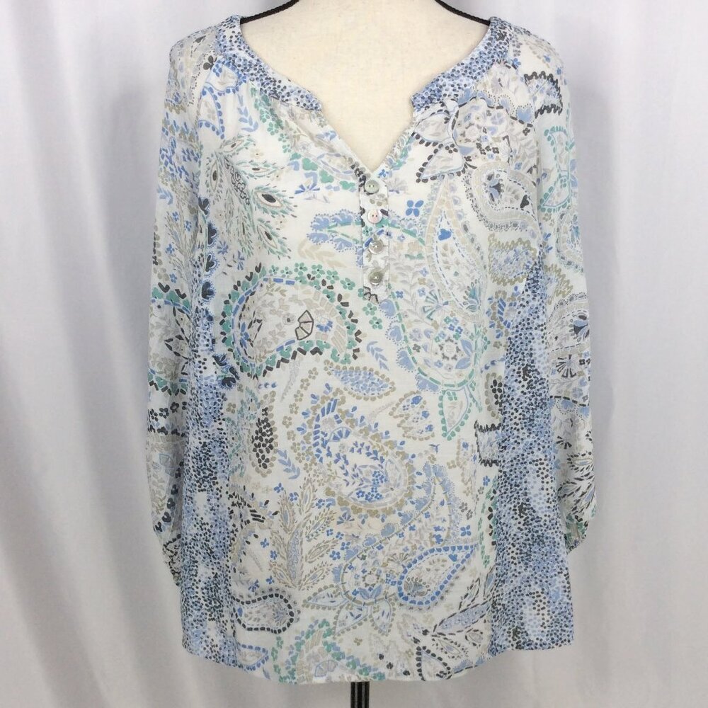 Zac & Rachel Womens Size Top 2X Paisley Sheer Notch Neck Blue